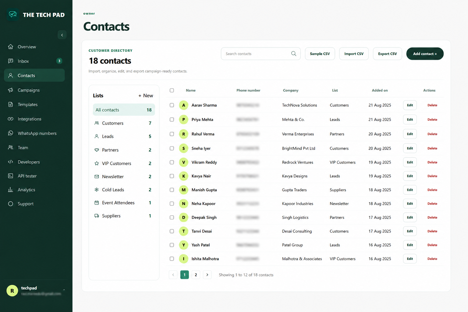 Contacts and audience lists in the Tech Pad