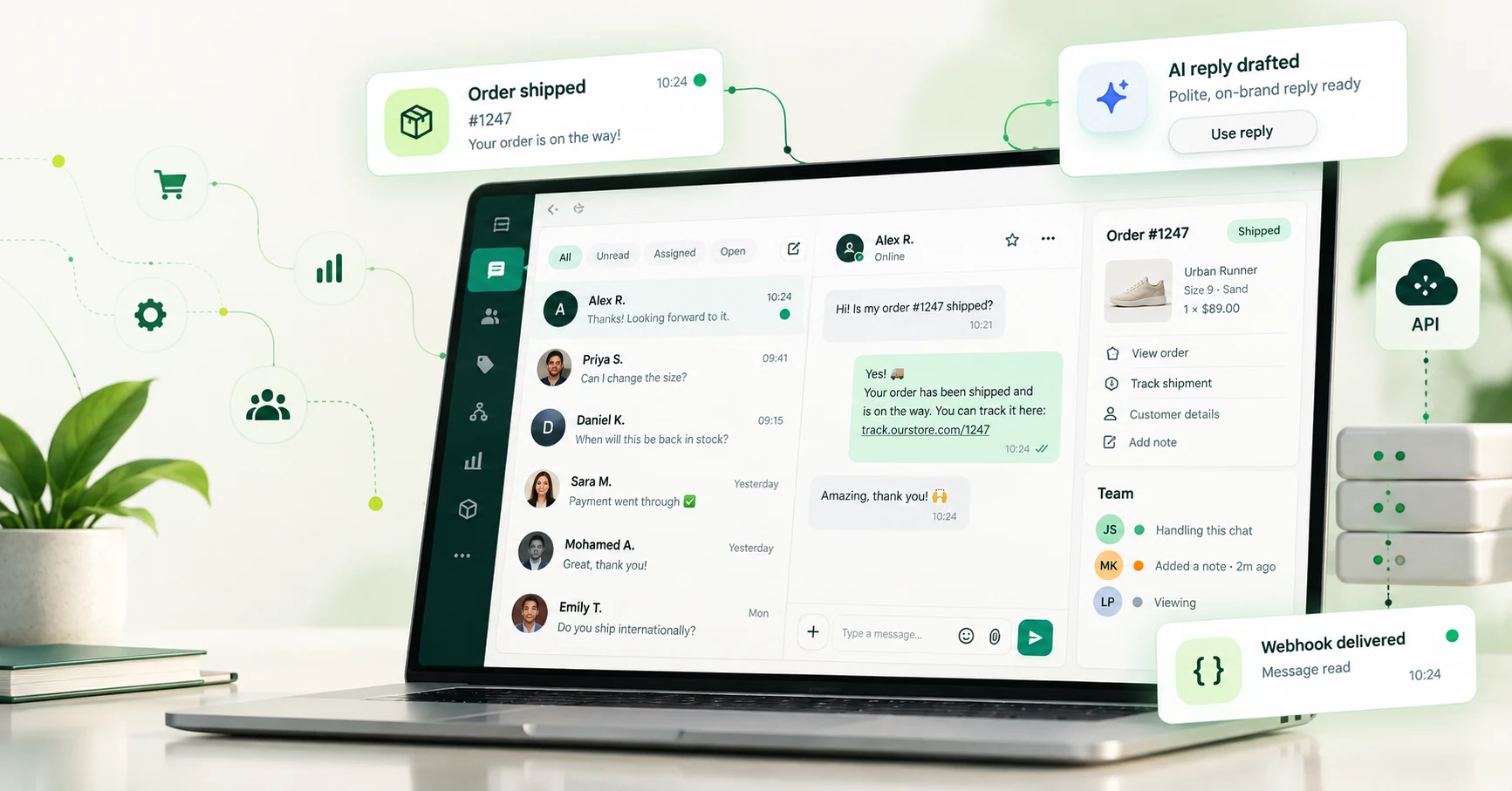 The Tech Pad WhatsApp Business API — shared team inbox on desktop, with an order-shipped message, an AI-drafted reply ready to send and a delivery webhook