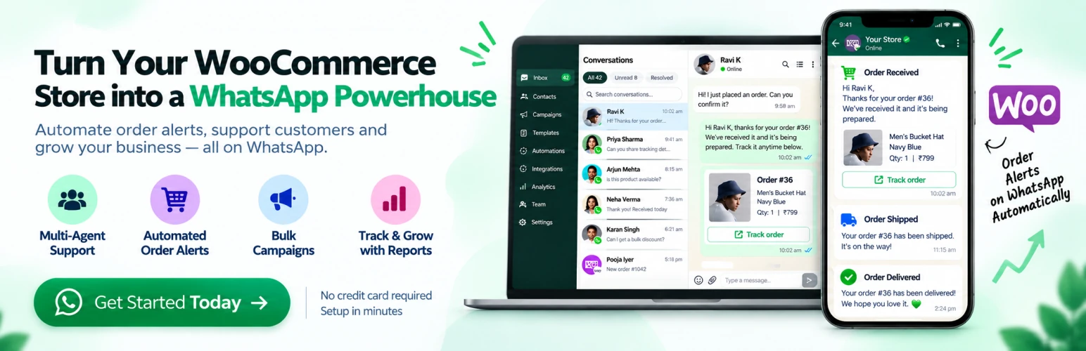 Turn your WooCommerce store into a WhatsApp powerhouse — TechPad order alerts on WhatsApp automatically: the Tech Pad shared inbox on a laptop beside a phone receiving order received, order shipped with tracking and order delivered WhatsApp messages.