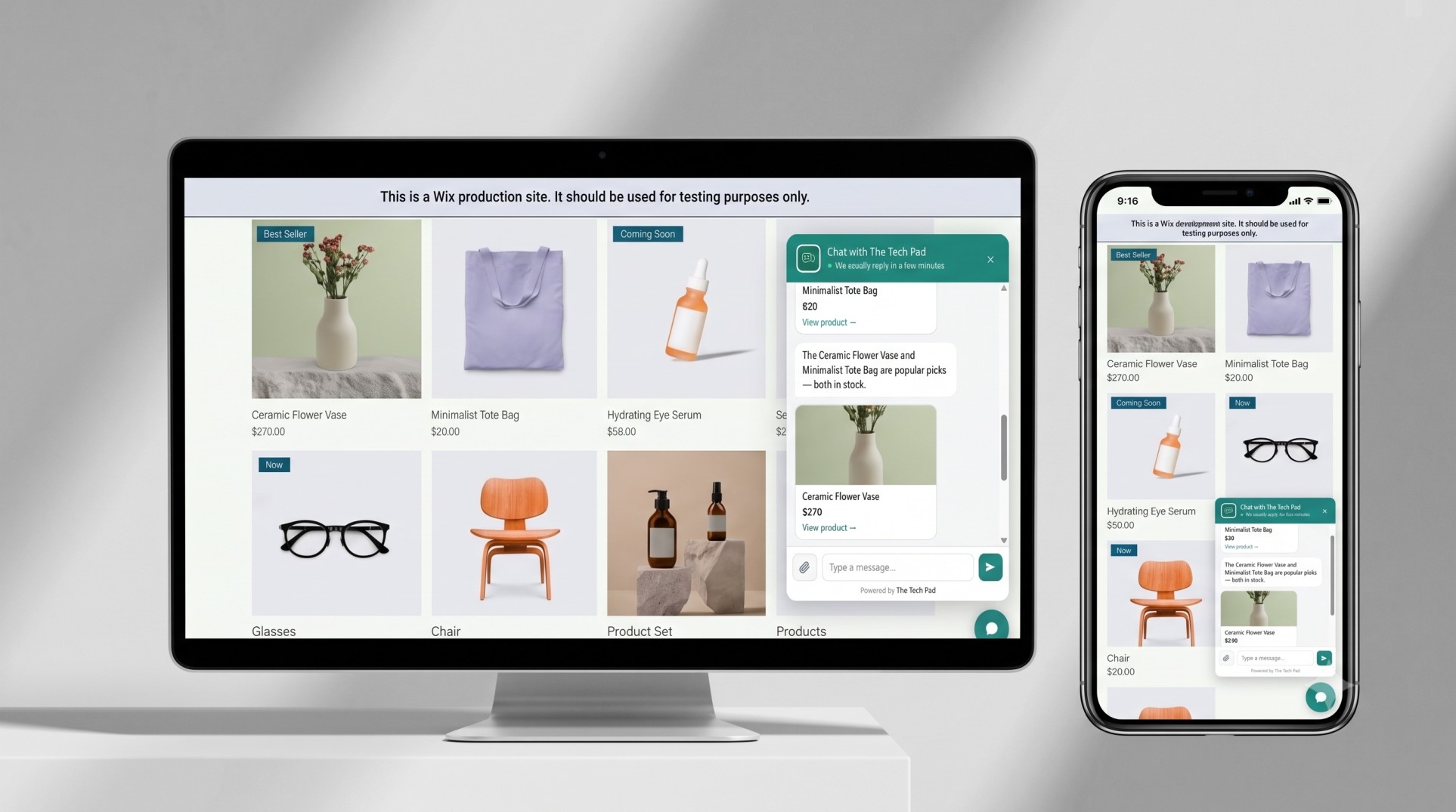 Click to AI Chat for Wix — the AI chat widget answering a customer on a Wix store with product-aware suggestions